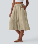 Pantalon fluide large taille mi-haute effet lin avec poche