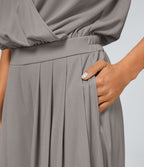 Combinaison Casual Col en V Jambes Large Plissée Manches Courtes Poche Latérale Gaufrée Fluide