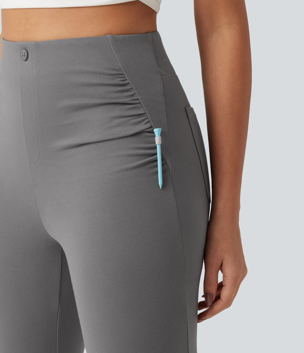 Pantalon de golf flare taille haute froncé avec poches et porte-tees