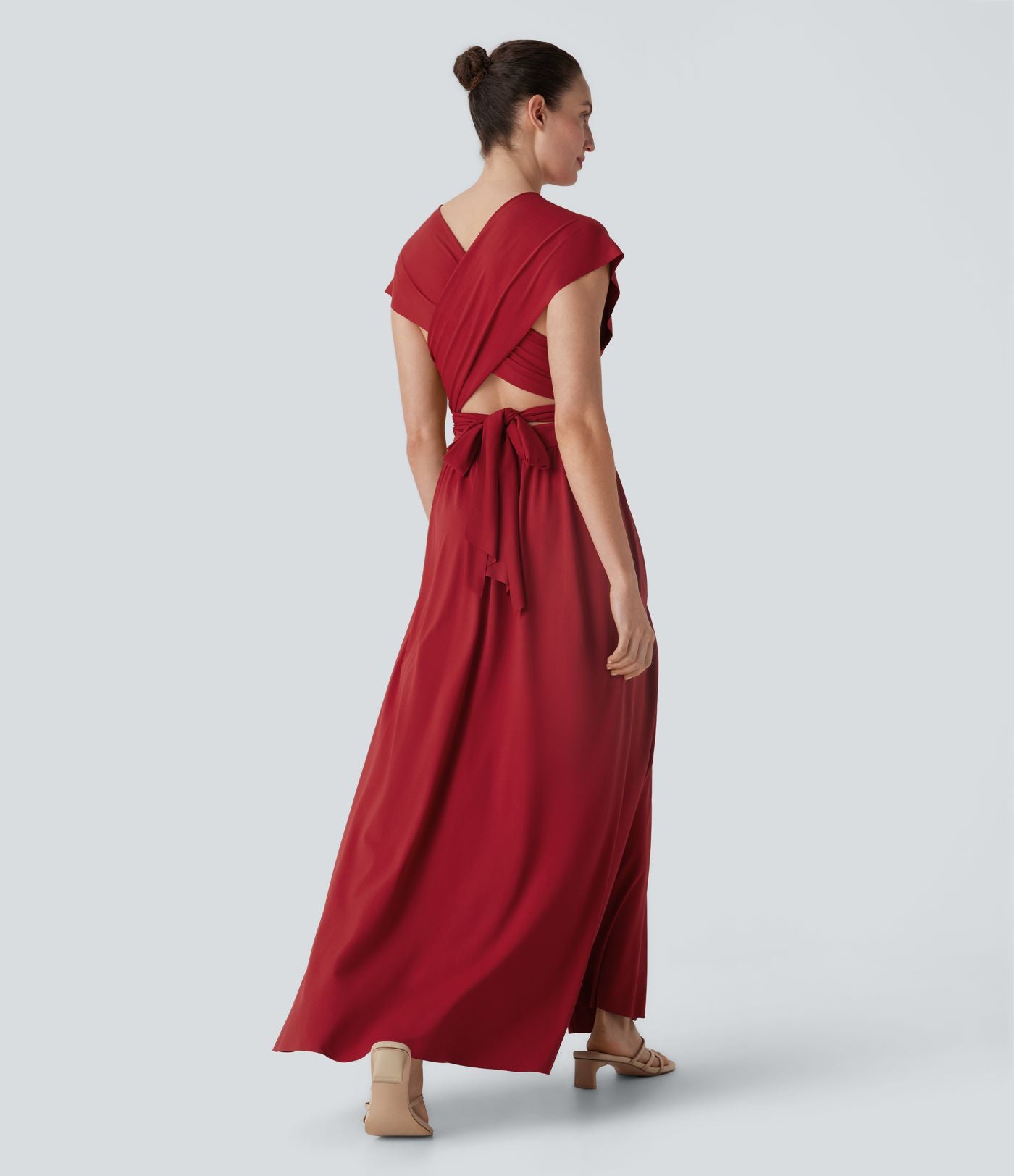 Robe longue de soirée col V, manches courtes, dos croisé à nouer, fendue avec poche latérale