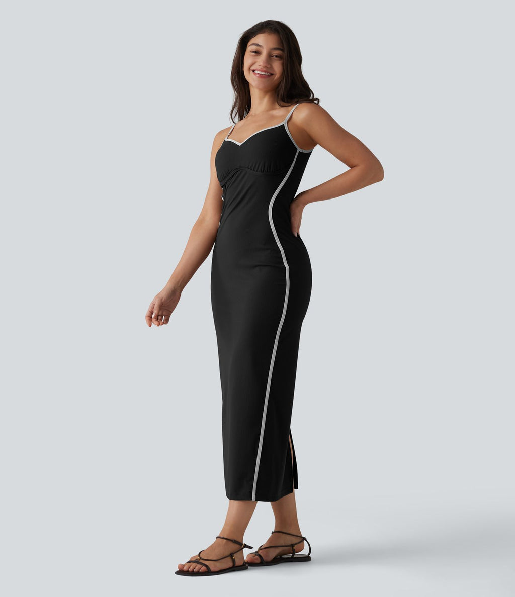 Robe nuisette casual midi côtelée color block à décolleté cœur avec coussinets intégrés non amovibles