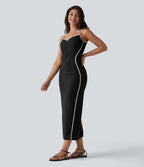 Robe nuisette casual midi côtelée color block à décolleté cœur avec coussinets intégrés non amovibles