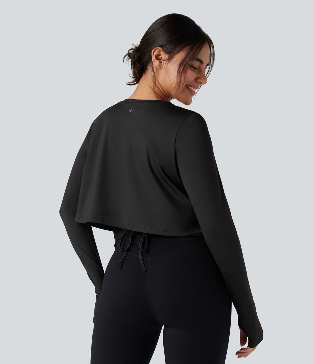 Top de sport yoga col rond manches longues mesh contrastant à découpes liens dans le dos avec trous pouces