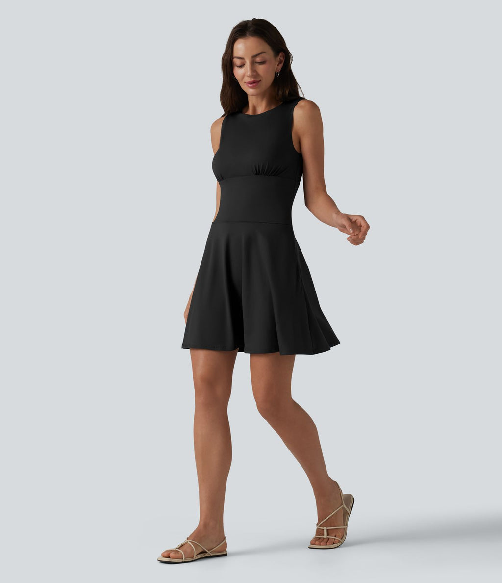 Robe mini évasée décontractée sans manches col bateau avec poches