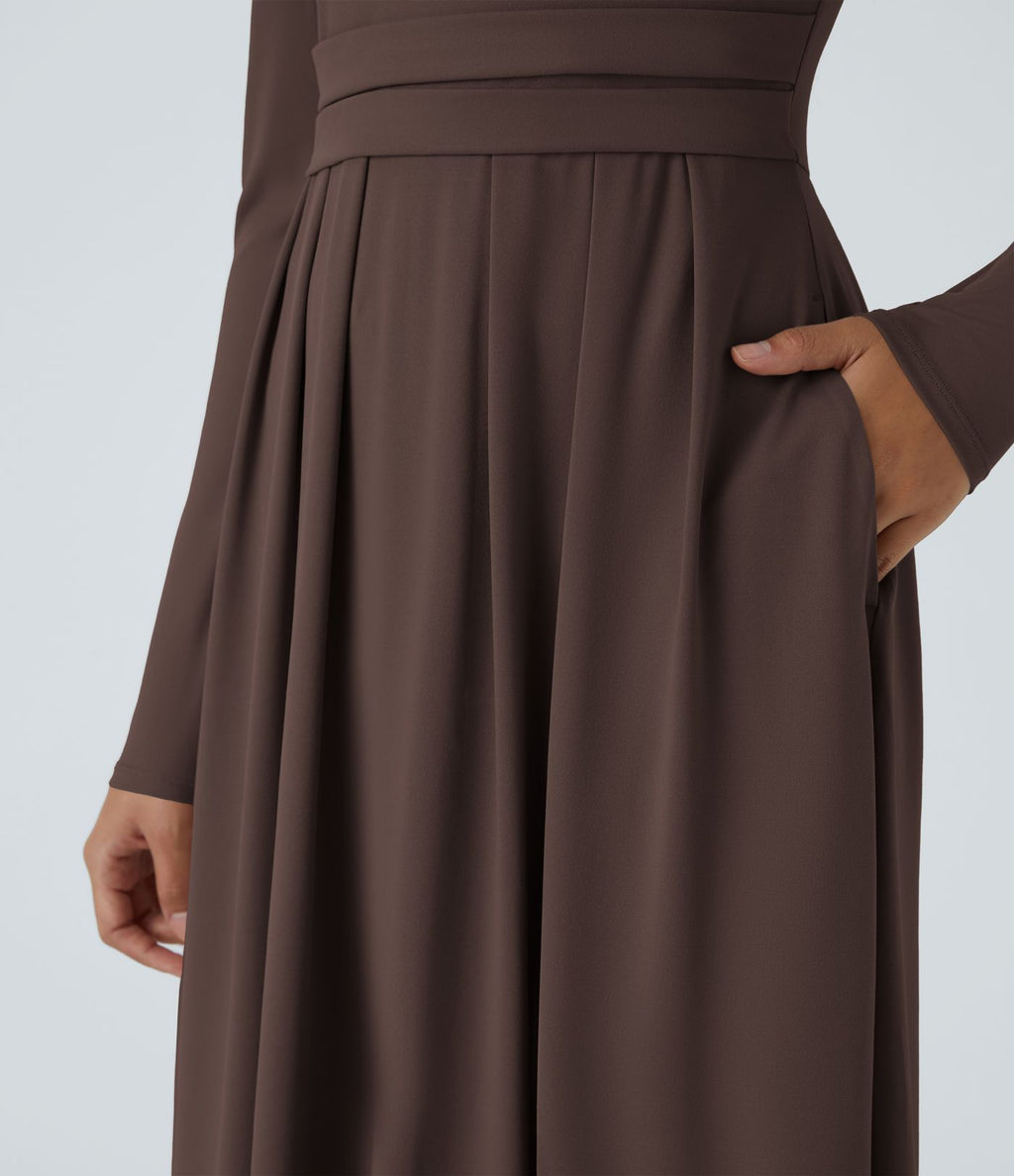 Robe longue décontractée à col montant, manches longues, plissée, avec poches latérales et coupe évasée