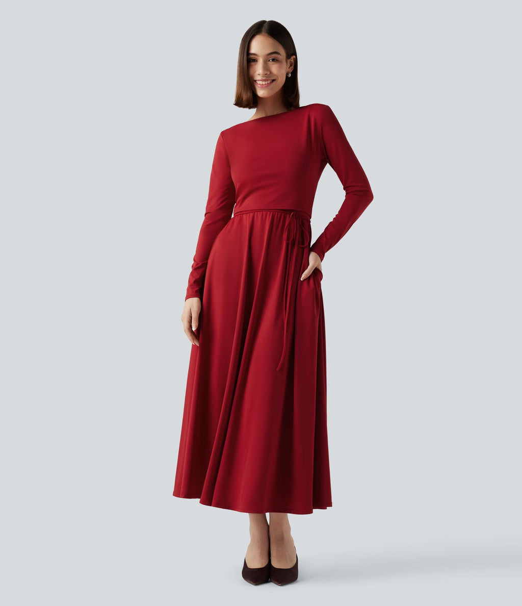 Robe mi-longue deux pièces à manches longues effet cache-cœur avec nœud au dos et poches
