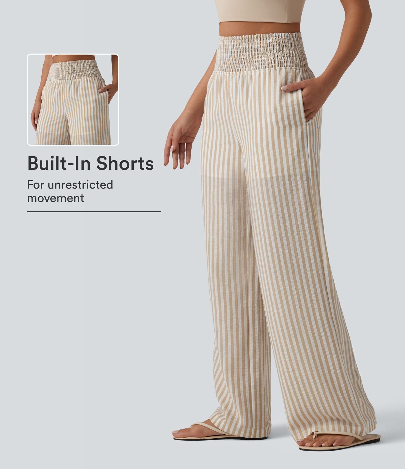 Pantalon coupe droite décontracté 2 en 1 taille haute froncé à rayures aspect lin avec poches