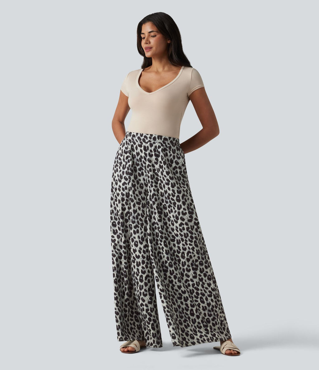Pantalon large casual taille haute imprimé léopard, avec poches