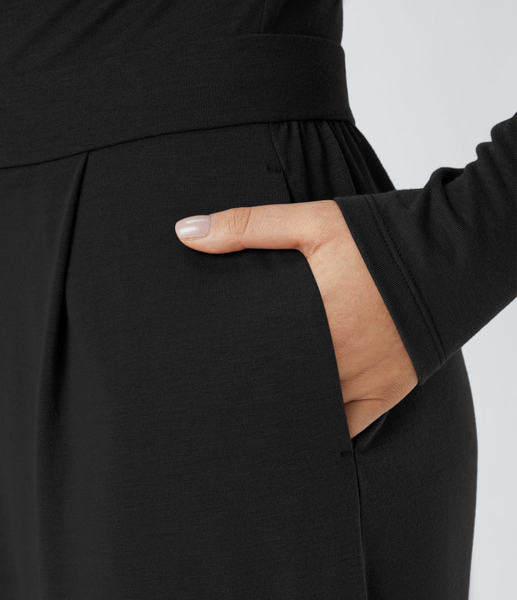 Combinaison décontractée col bénitier à fronces avec fermeture éclair invisible, plis, poches latérales et jambes larges