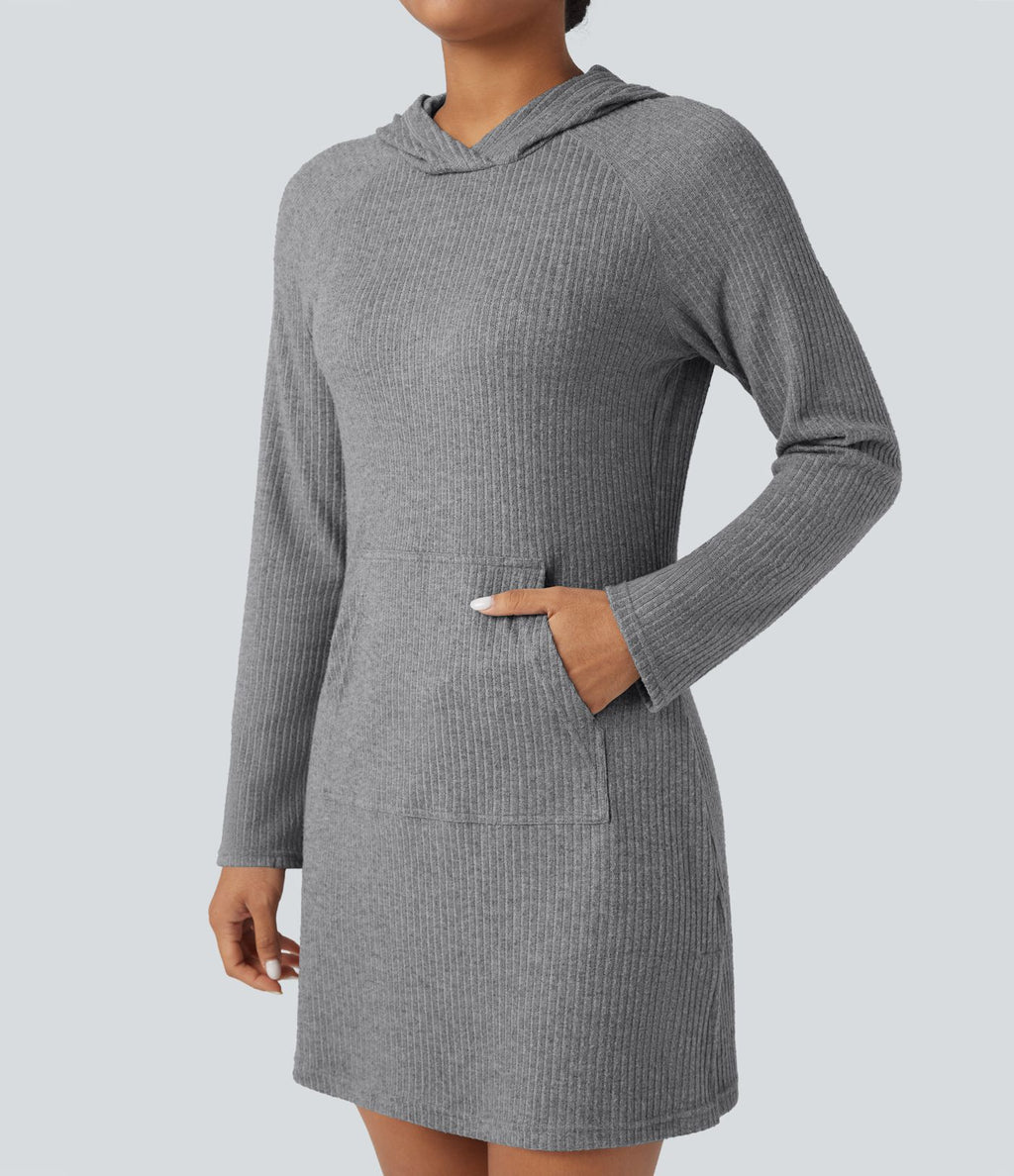 Robe active mini de randonnée maille côtelée à capuche manches longues avec poche