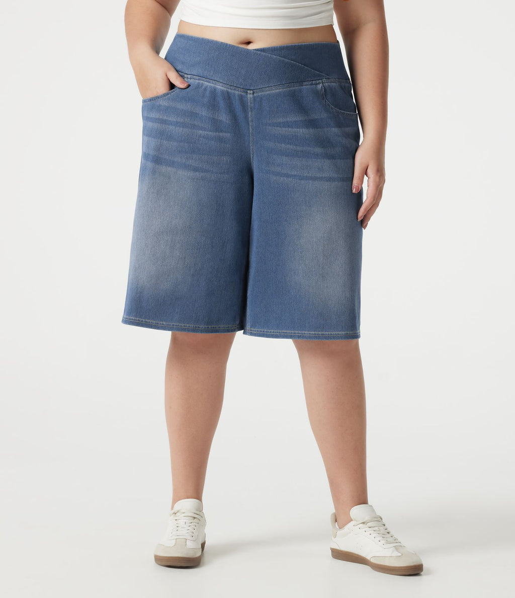 Short en jean Halara Flex™ ample décontracté grande taille ventre plat, taille haute, croisé, à poches