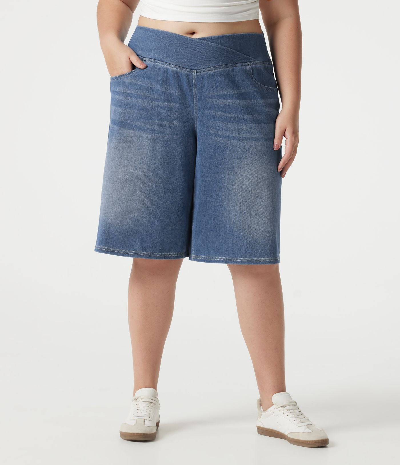 Short en jean Halara Flex™ ample décontracté grande taille ventre plat, taille haute, croisé, à poches