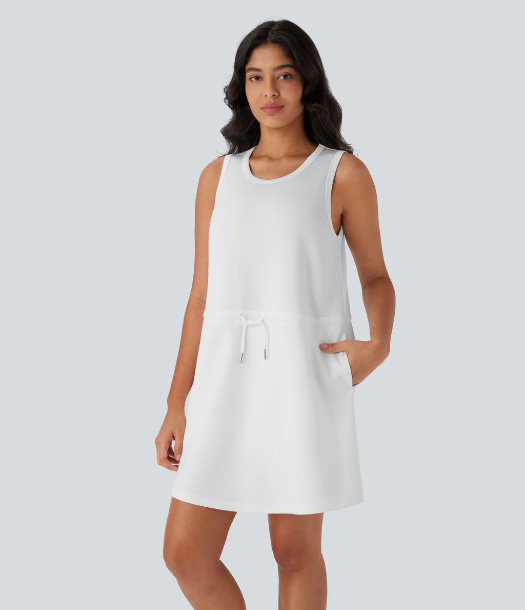 Robe active de yoga mini 2 pièces à col rond, sans manches, cordon de serrage et poches latérales