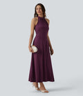 Robe midi fluide à col cheminée, sans manches, zip invisible, en satin extensible à effet frais InstantCool, idéale pour demoiselles d'honneur et invitées de mariage, avec poches