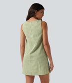 Robe débardeur mini décontractée col rond sans manches en vichy froissé avec poches