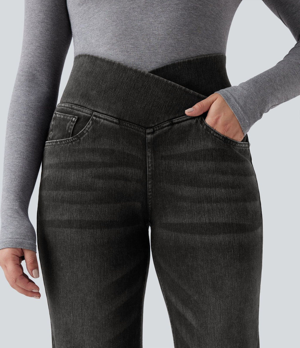Jean droit décontracté croisé gainant taille haute avec poches Halara Flex™
