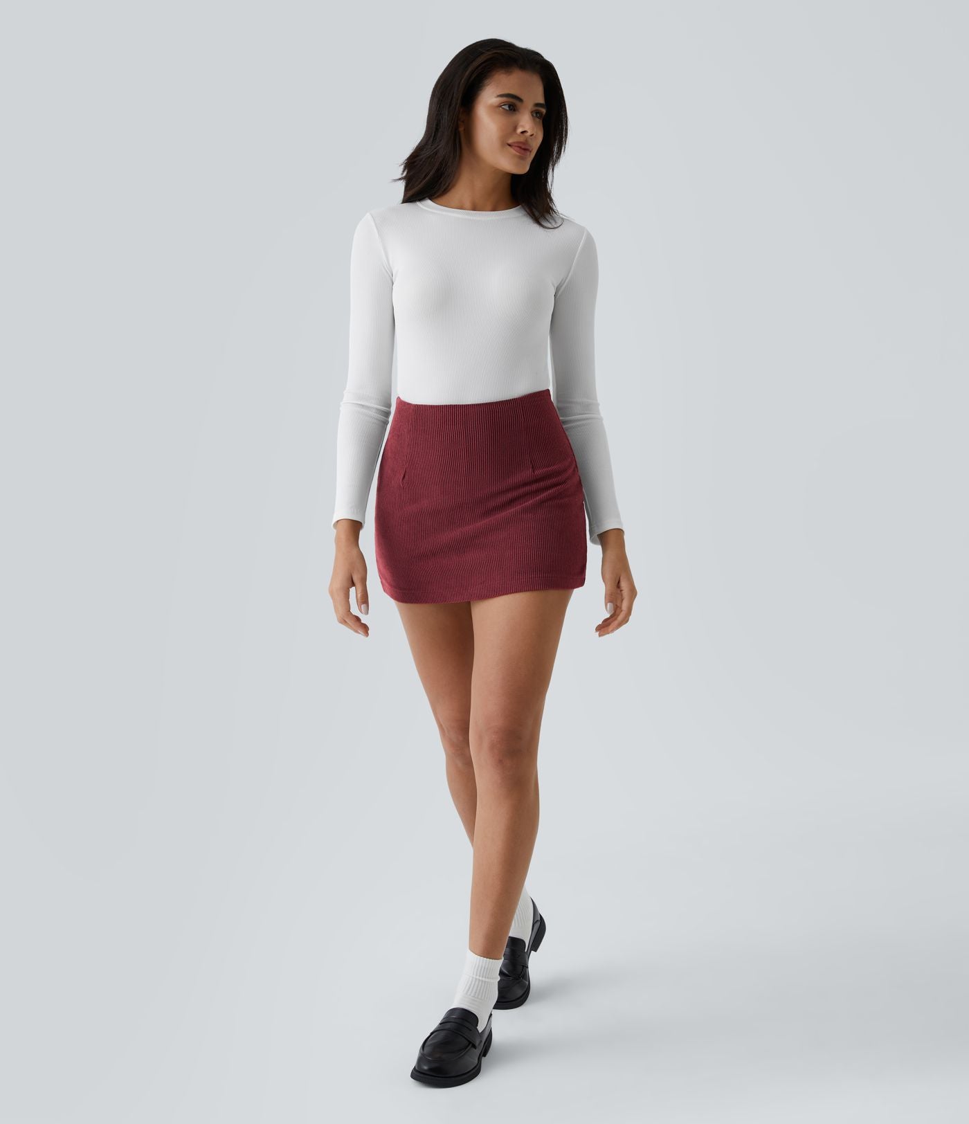 Mini-Jupe Casual en Velours Côtelé 2 en 1 Fermeture Éclair Invisible Taille Haute