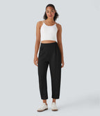 Pantalon décontracté taille haute coupe tonneau avec poches