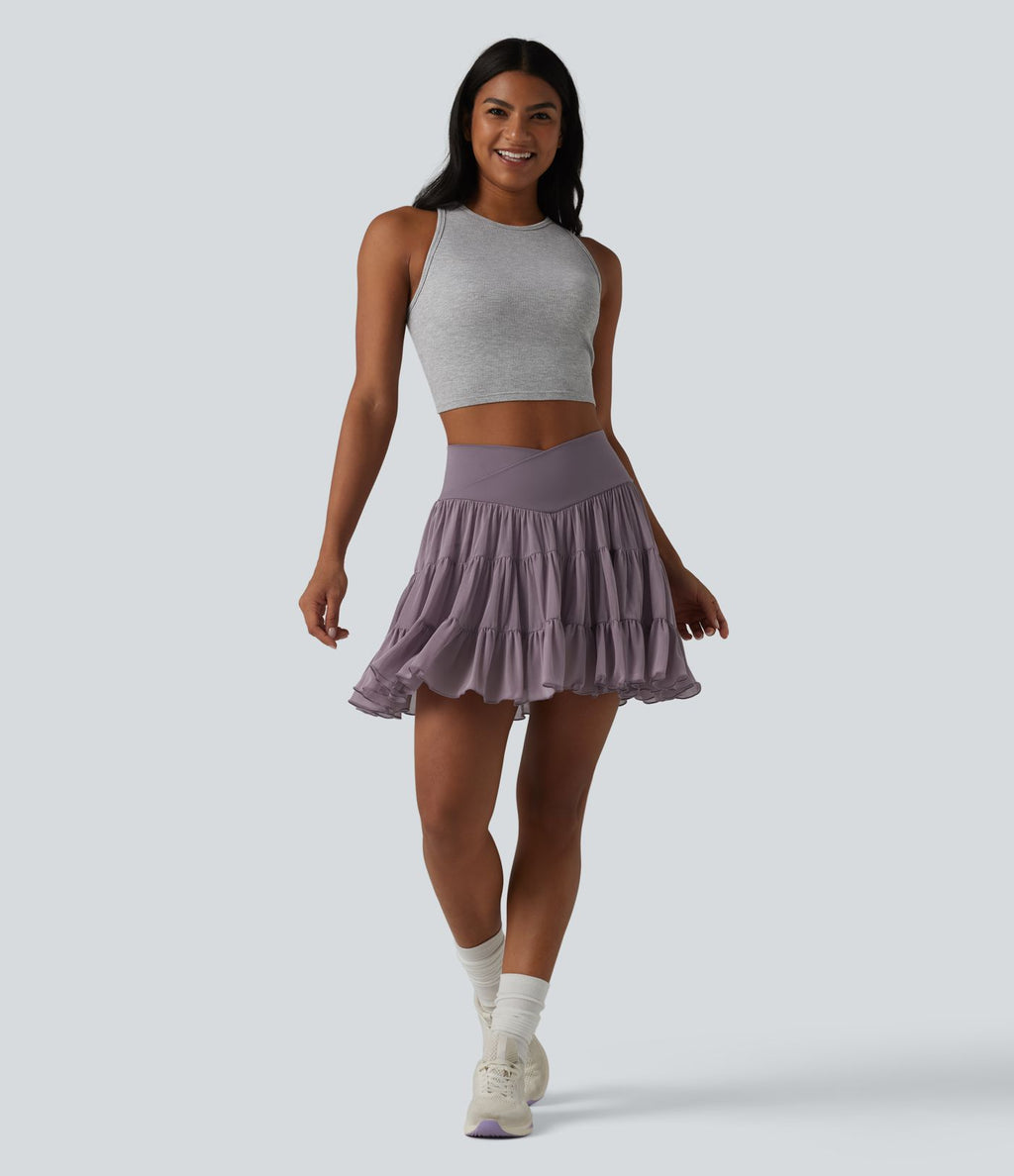 Jupe mini de tennis 2 en 1 croisée évasée taille haute avec poches - longueur allongée