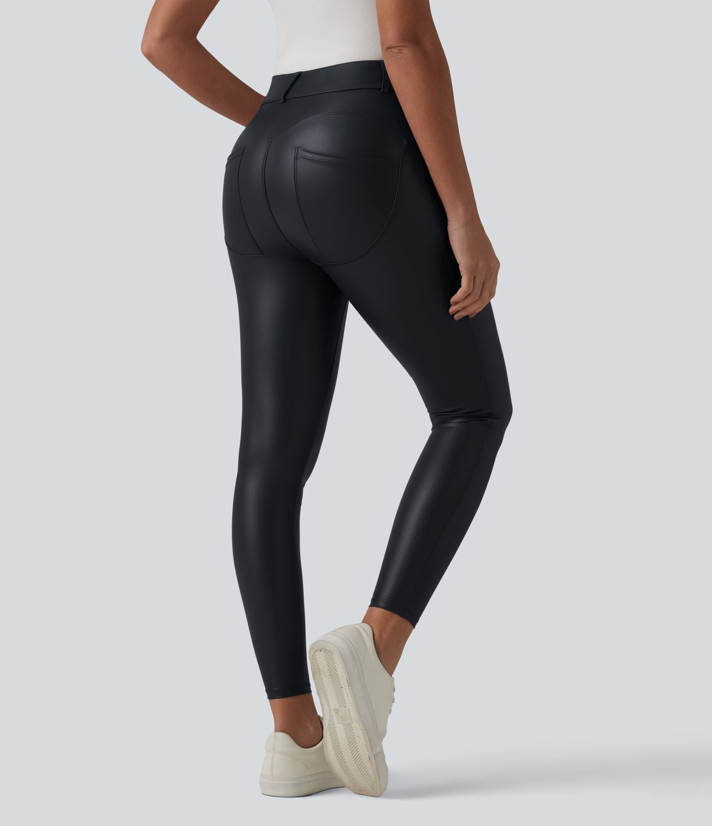 Legging 7/8 casual taille haute extensible en simili cuir avec poches