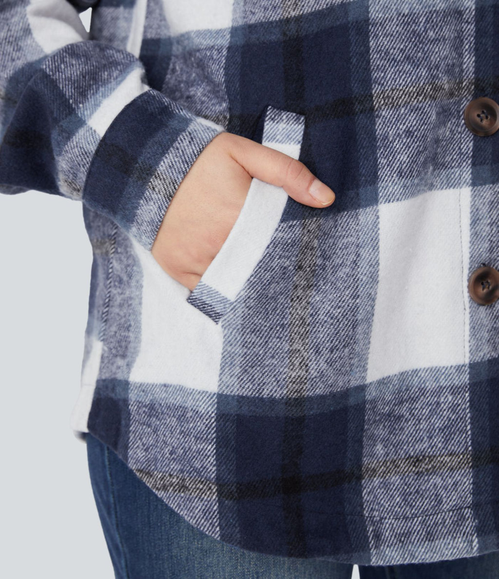 Veste de Casual à Carreaux en Polaire à Capuche avec Cordon de Serrage Boutons et Poches Latérales