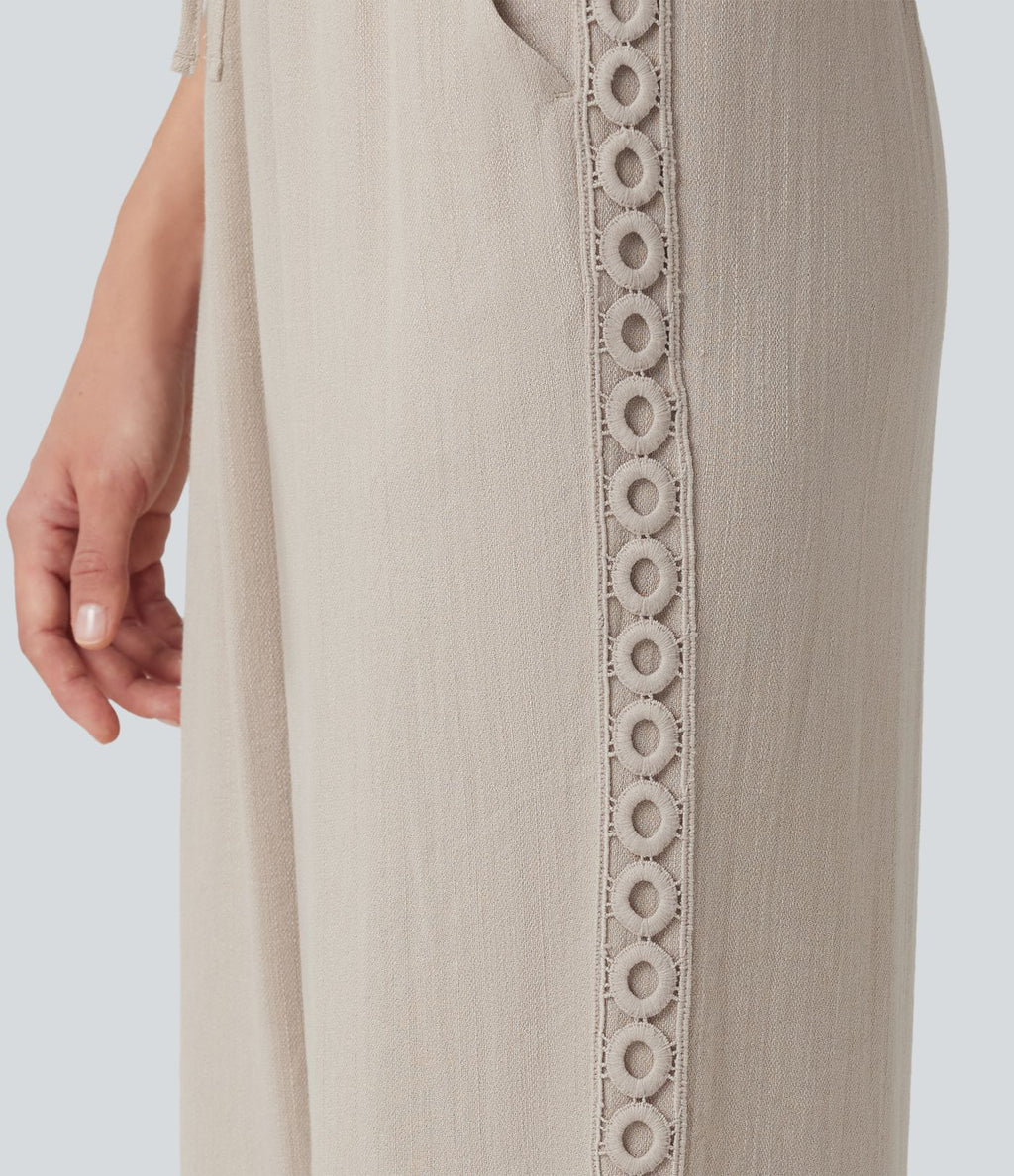 Pantalon décontracté taille haute à cordon de serrage, effet lin, avec poches