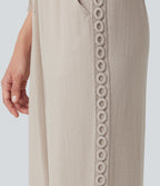 Pantalon décontracté taille haute à cordon de serrage, effet lin, avec poches