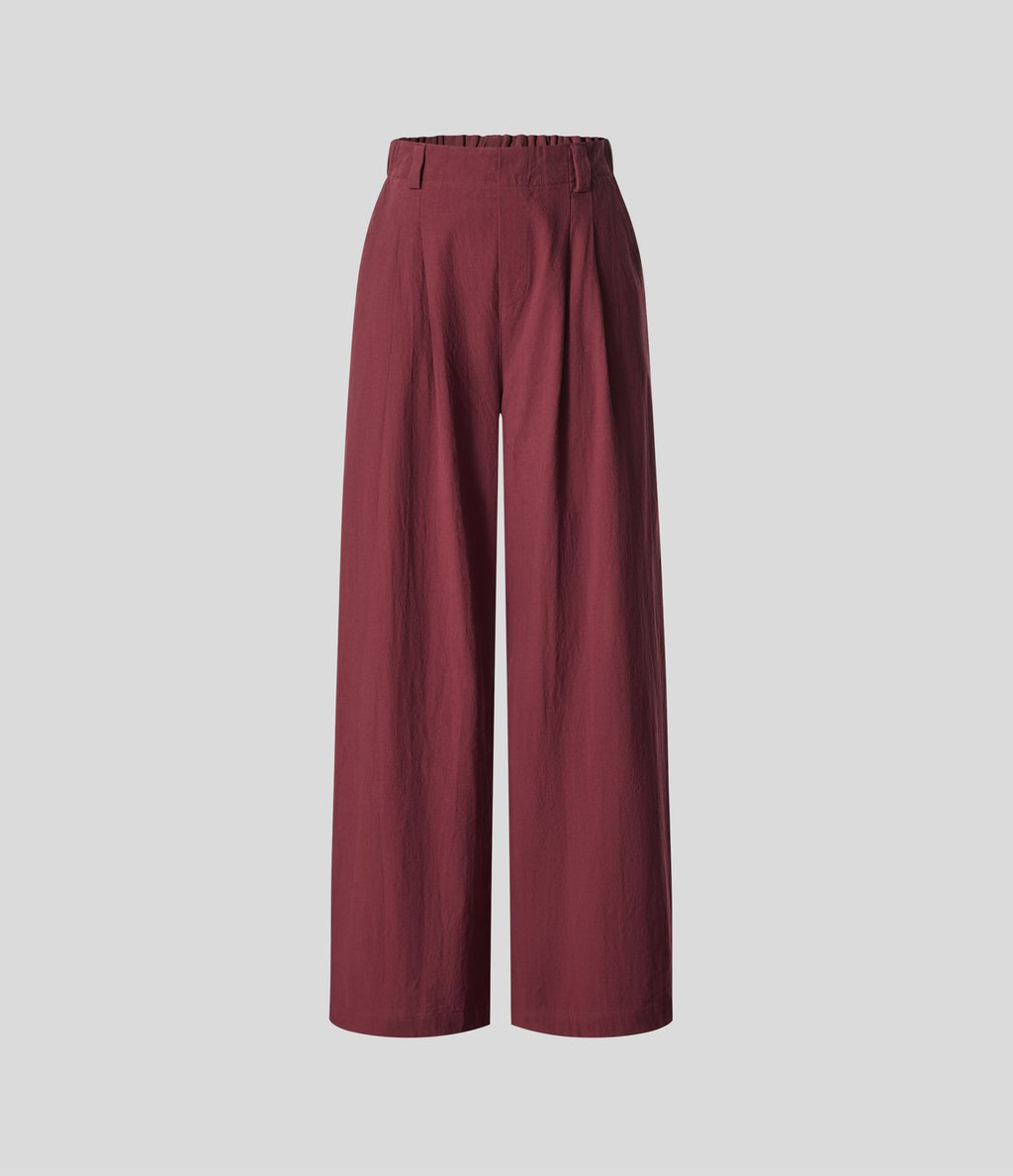 Pantalon Fluide Large Taille Haute Poches Latérales Palazzo Solide Casual Linen-Feel
