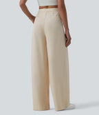 Pantalon large fluide casual taille haute plissé drapé en lin avec poches