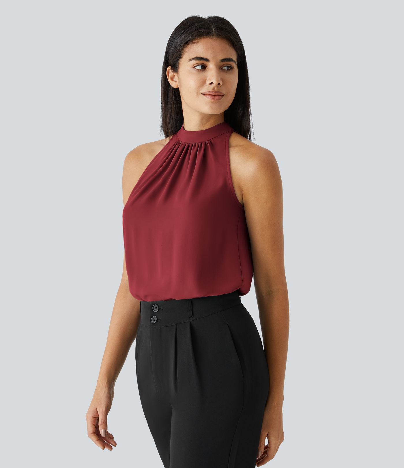 Blouse Travail Sans Manches Ourlet Courbé Col Haut Découpe au Dos Plis