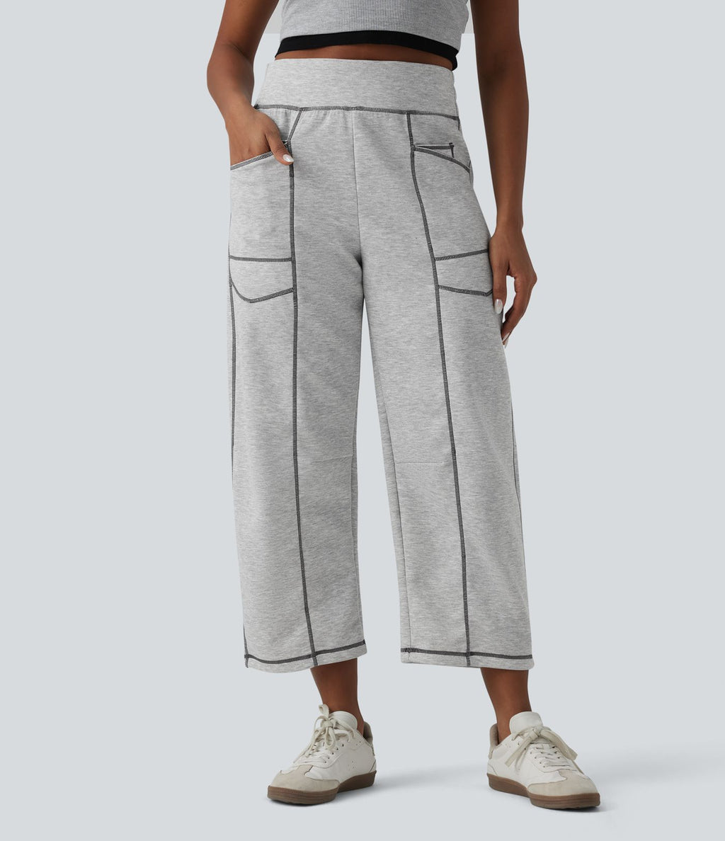 Jogging casual taille haute coupe barrel color block surpiqûres avec poches