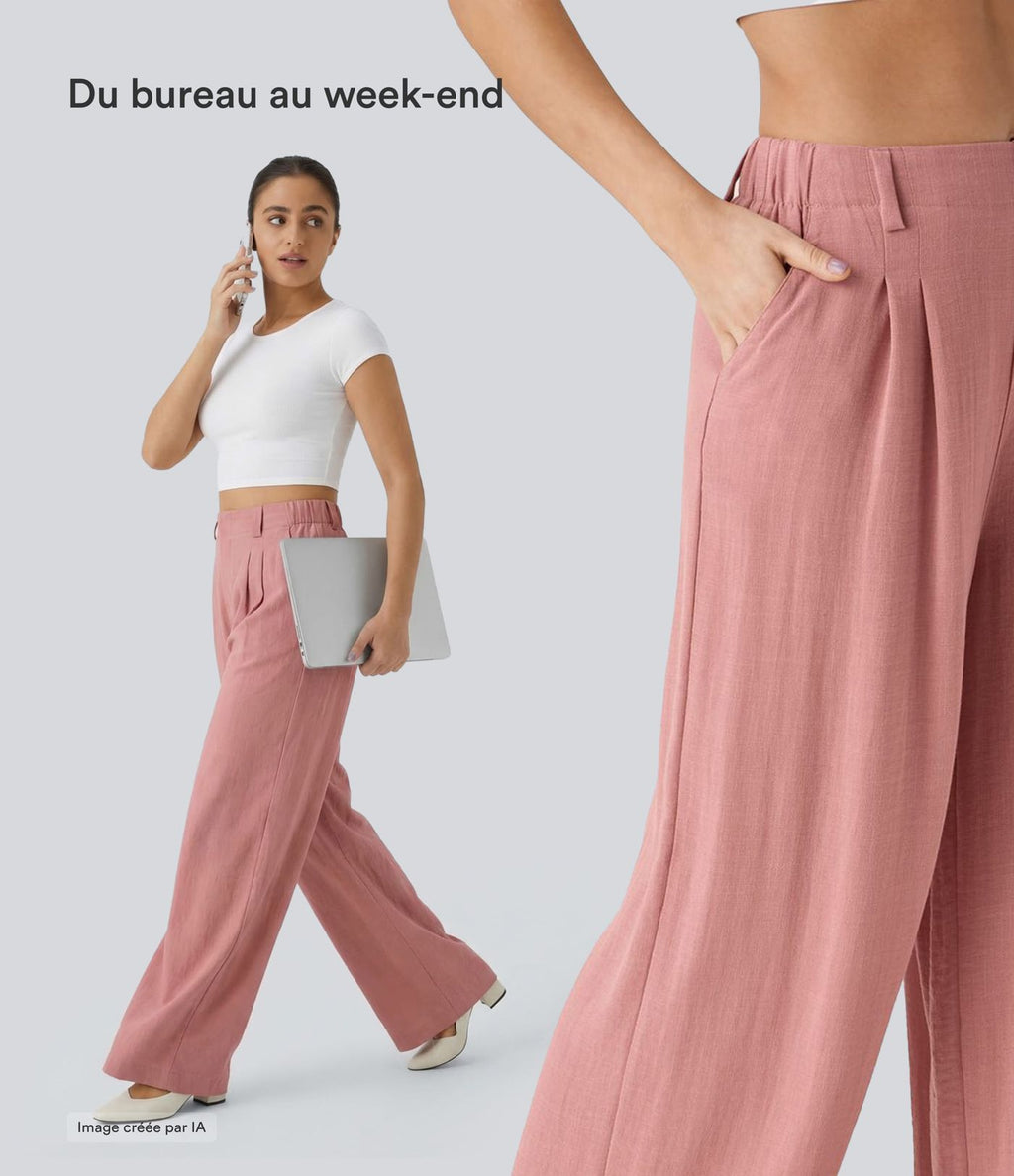 Pantalon Fluide Large Taille Haute Poches Latérales Palazzo Solide Casual Linen-Feel