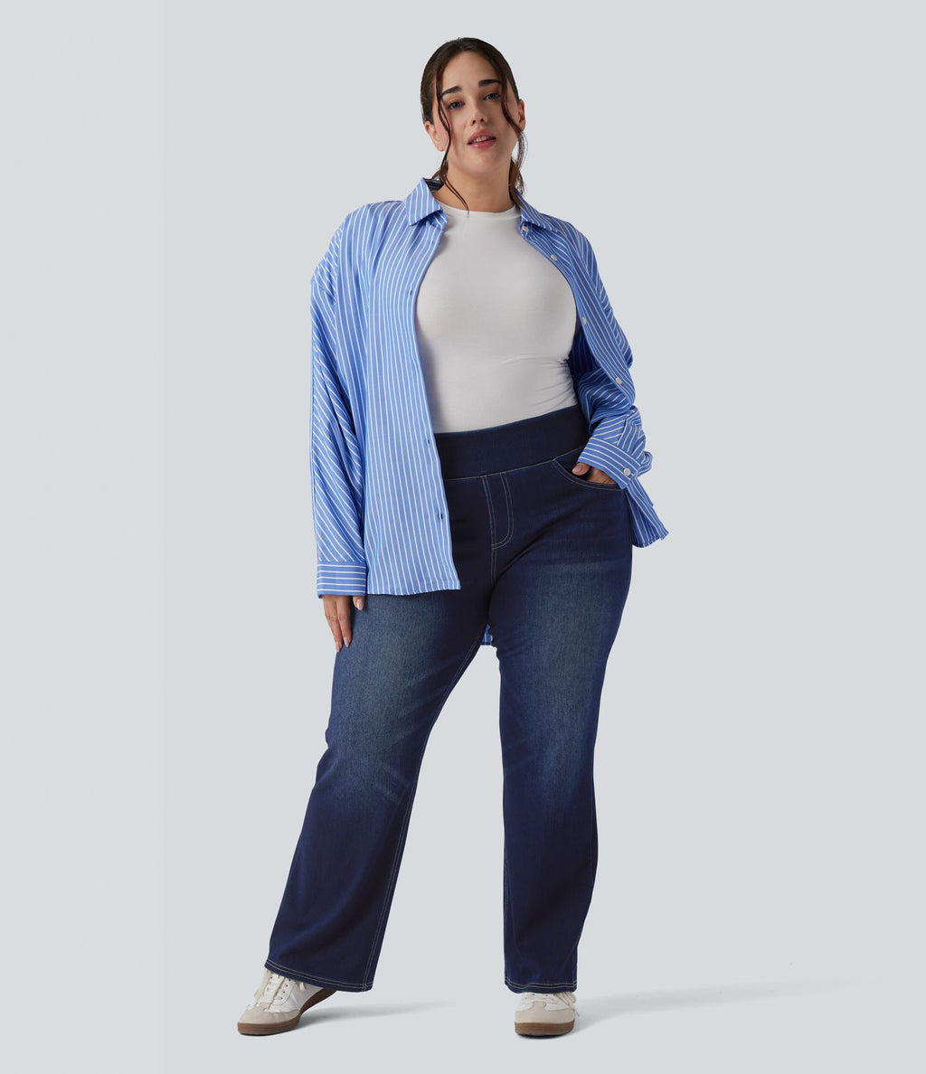 Jean décontracté Halara Flex™ grande taille bootcut taille haute en maille extensible délavée avec multiples poches