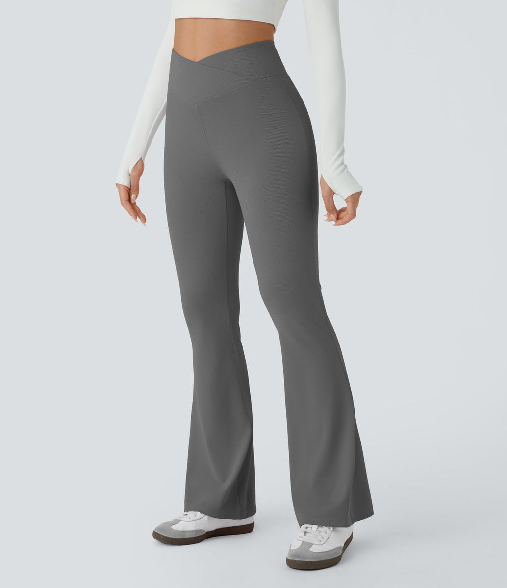 Pantalon décontracté évasé en maille gaufrée, taille haute, avec poches croisées