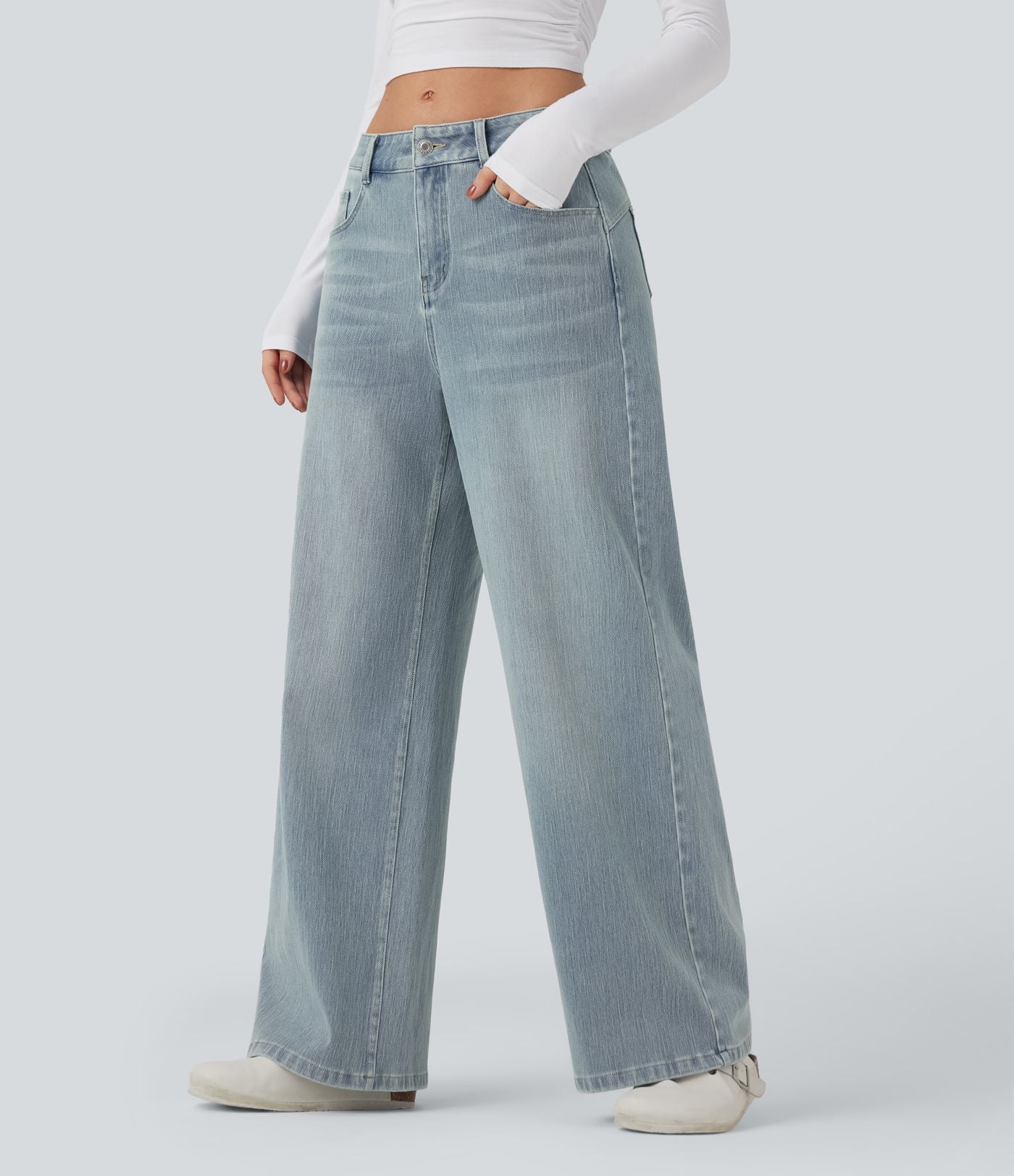 Jean large délavé Halara Flex™ taille mi-haute avec poches