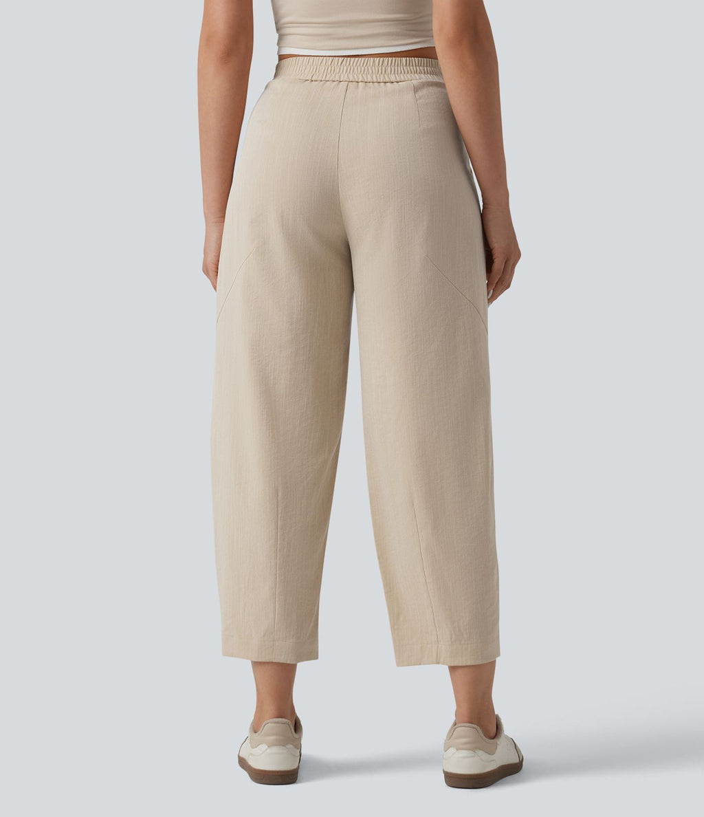 Pantalon casual taille mi-haute coupe tonneau aspect lin, avec poches