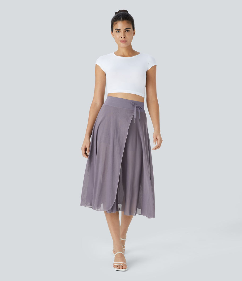 Jupe Casual Évasée Mesh Mi-Longue Fuide 2 en 1 Contrastée Taille Haute Cordon Poche Latérale