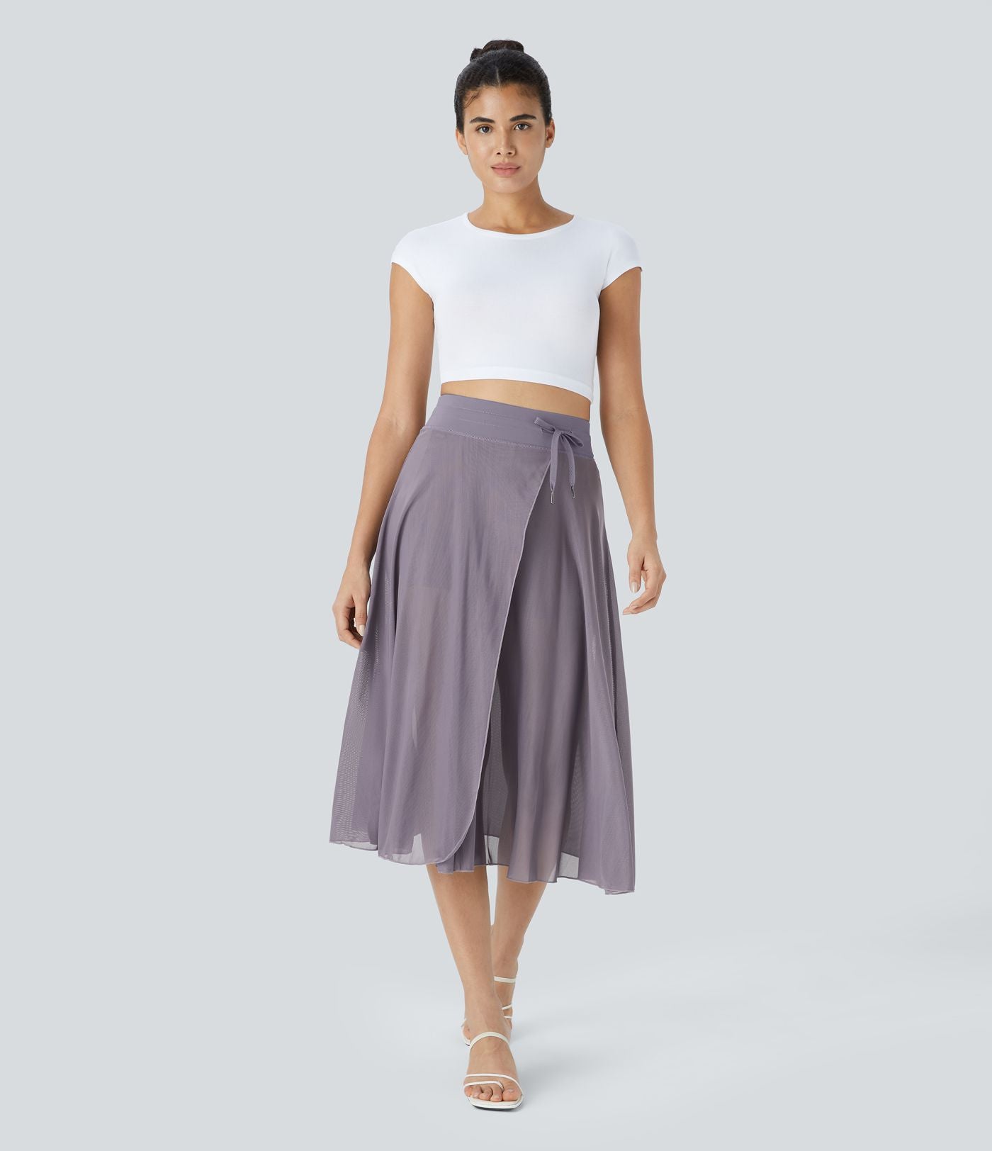 Jupe Casual Évasée Mesh Mi-Longue Fuide 2 en 1 Contrastée Taille Haute Cordon Poche Latérale