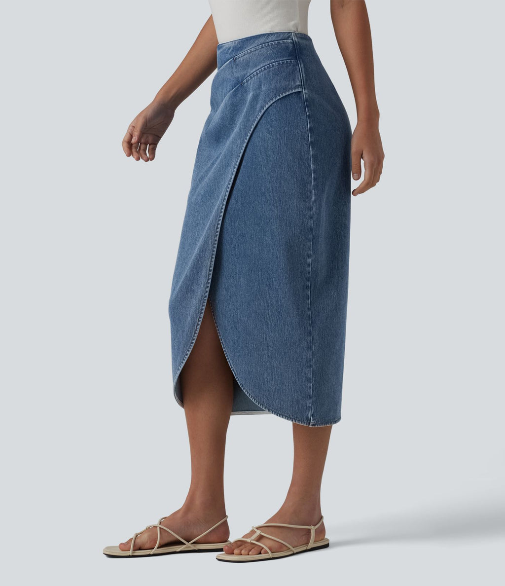 Halara Flex™ Jupe en Jean midi délavé taille haute avec zip dos, effet drapé et ourlet tulipe