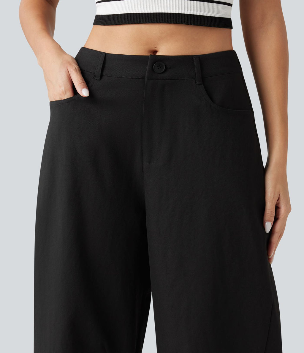 Pantalon décontracté à taille mi-haute, coupe ample et jambes fuselées, avec poches
