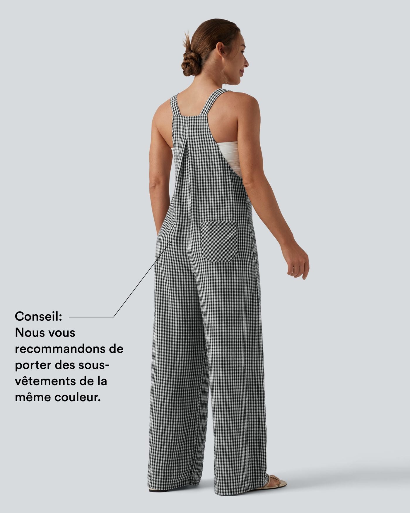 Salopette décontractée à carreaux aspect lin avec poches