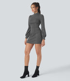 Robe courte col montant manches longues pied-de-poule carreaux