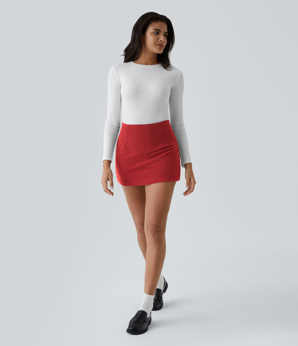 Mini-Jupe Casual en Velours Côtelé 2 en 1 Fermeture Éclair Invisible Taille Haute