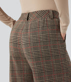 Pantalon taille haute décontracté large à carreaux, avec poches