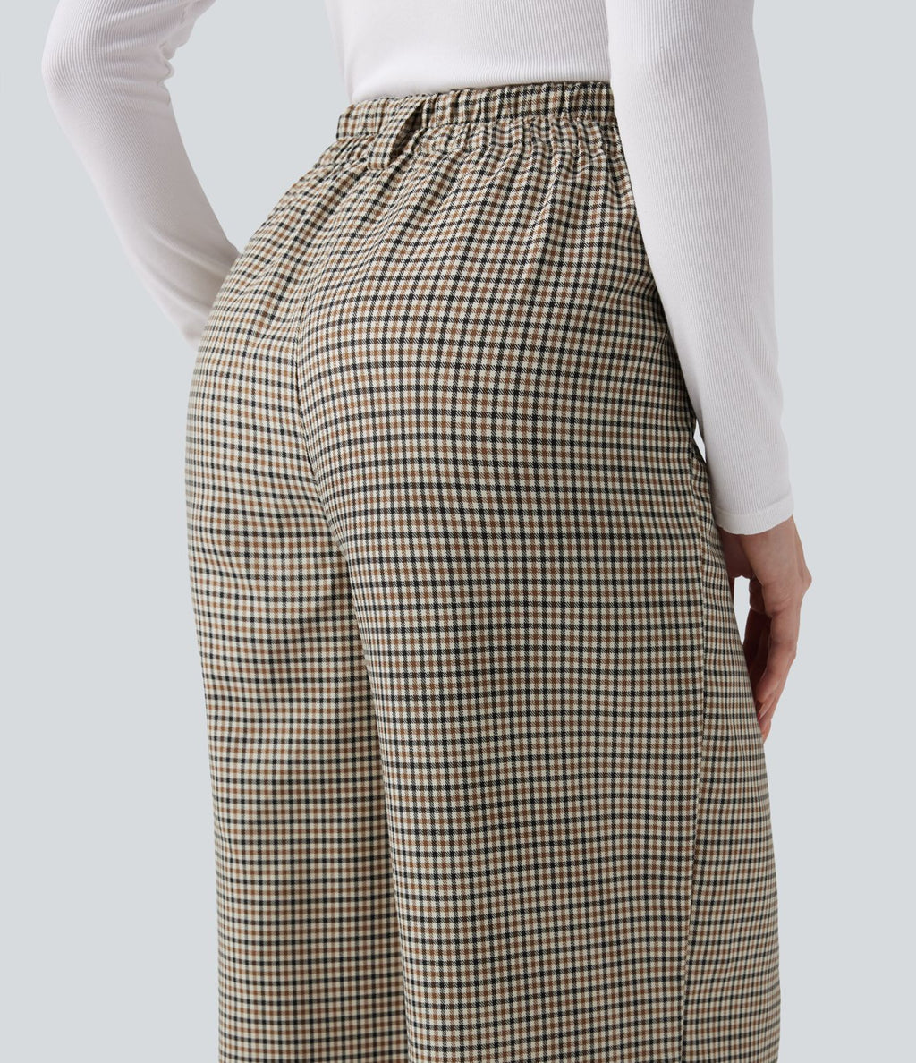 Pantalon tailleur ample taille haute à carreaux avec poches