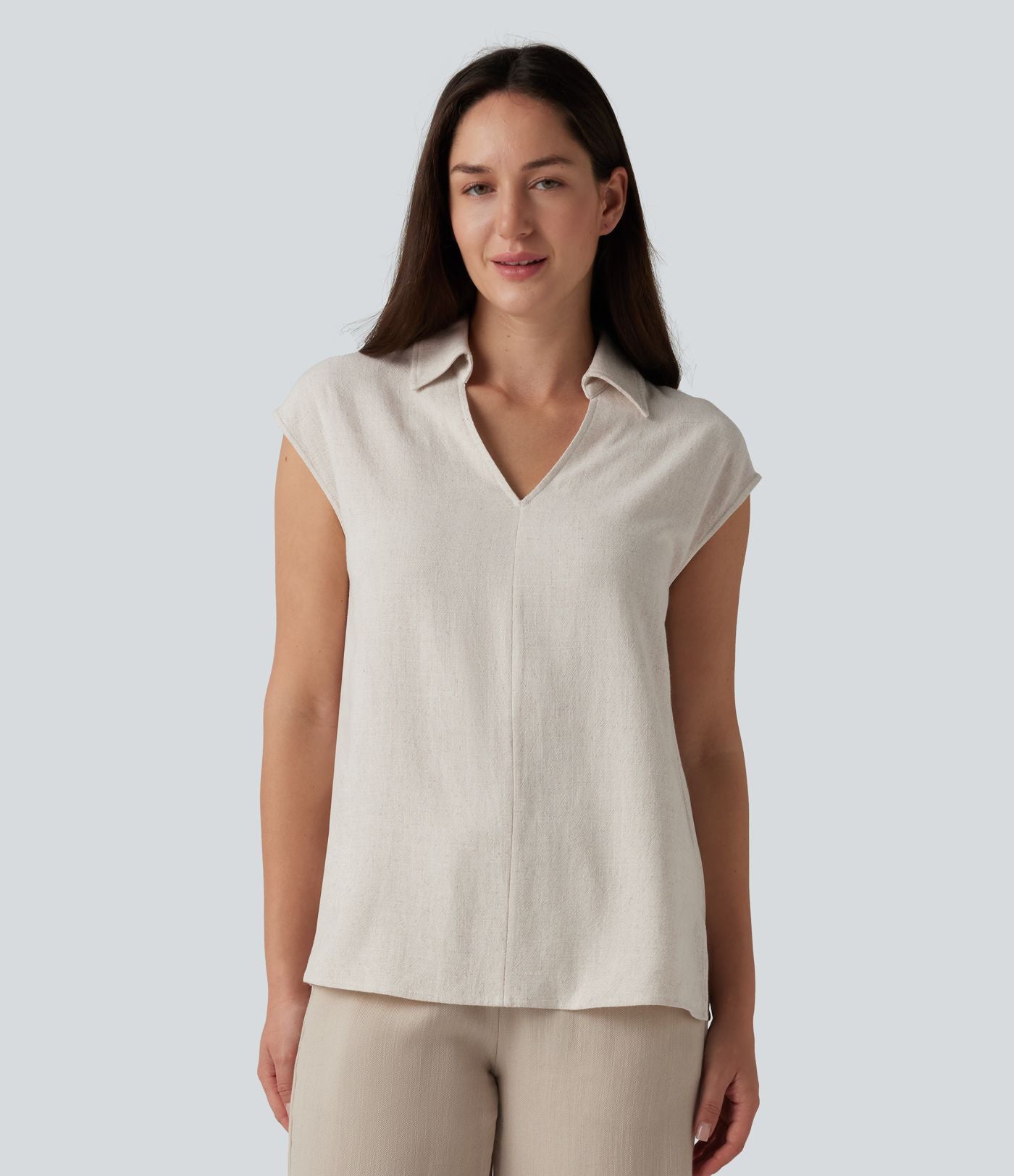 Chemisier tailleur en mélange de lin col V sans manches avec ourlet fendu
