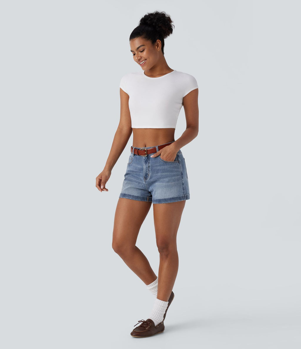 Short 7,5 cm décontracté en jean extensible Halara Flex™ taille moyenne avec boutons, zip et multiples poches