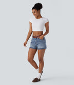 Short 7,5 cm décontracté en jean extensible Halara Flex™ taille moyenne avec boutons, zip et multiples poches