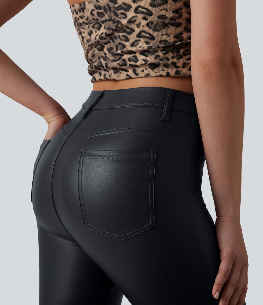 Pantalon casual bootcut taille haute en PU extensible avec poches