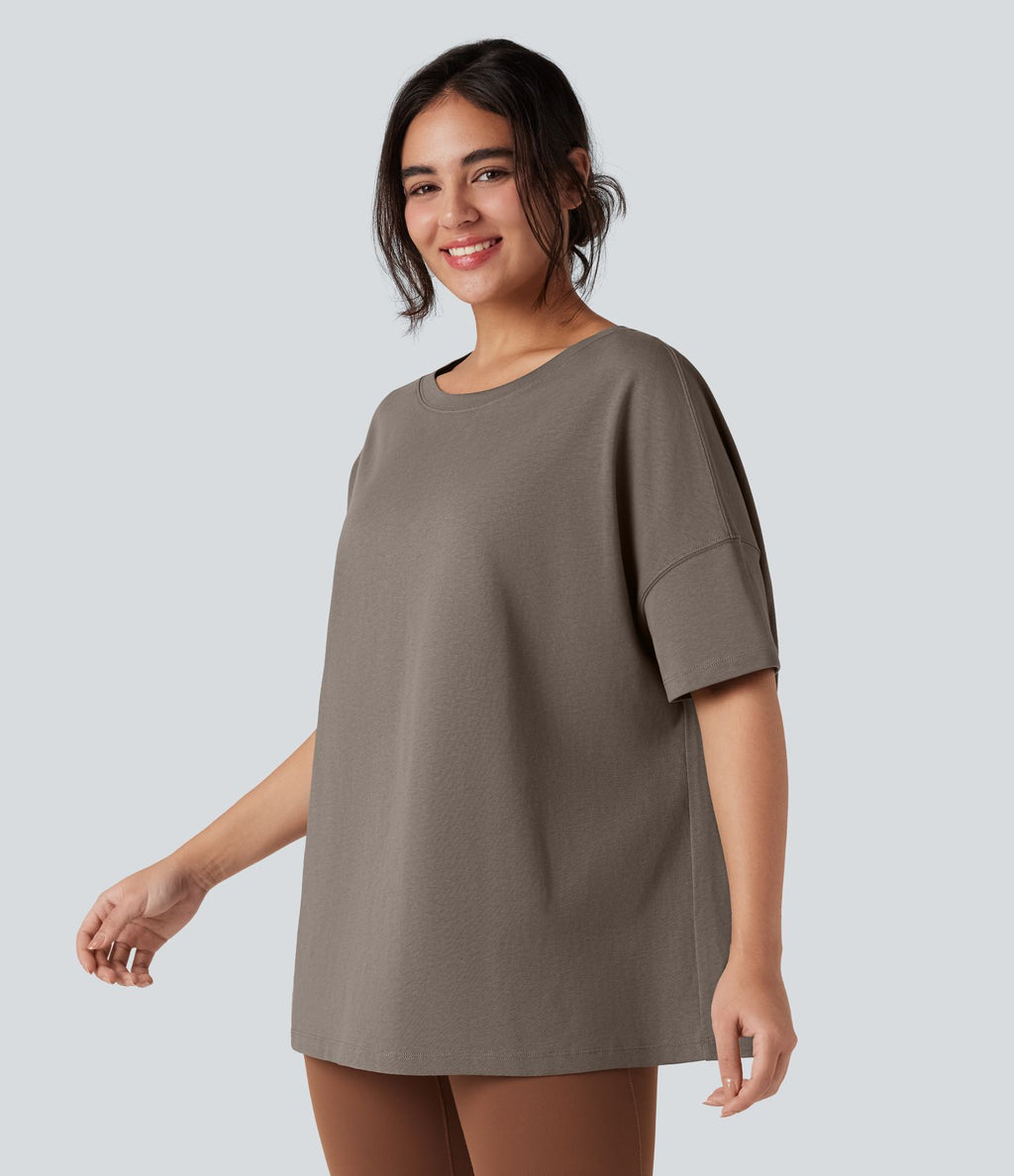 T-shirt coton oversize col rond manches mi-longues